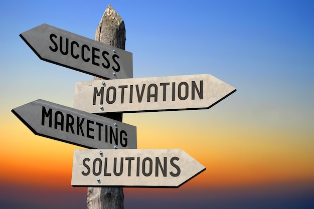 Success motivation marketing solutions wooden signpost