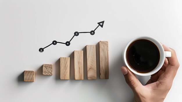 Success Planning with Wooden Blocks Graphs and Coffee Business Growth Concept