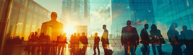 Success Through Partnership Double Exposure of Business People in Conference Meeting with City Office Building Background