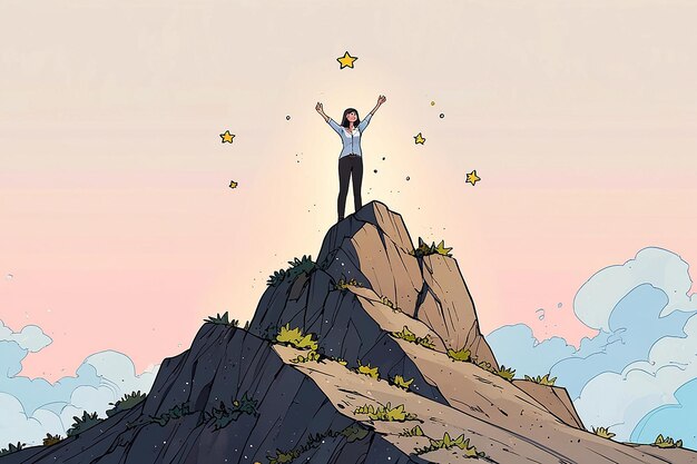 Success Victory Goal Achievement of Businesswoman Standing on Mountain to Collect Stars