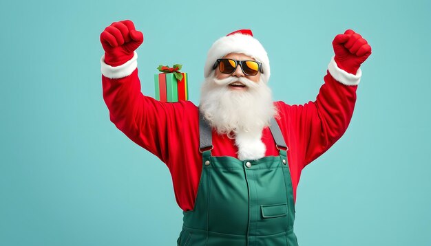 Photo success xmas christmas magic gift delivery ecstatic santa claus raise fists enjoy jolly holly