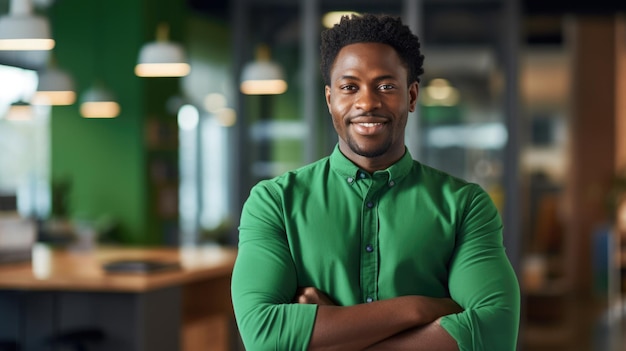 Successful AfricanAmerican Male Entrepreneur Laughing with Confidence in Green Casual Shirt