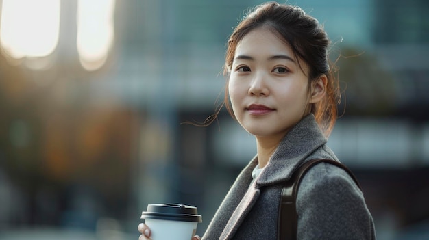 A Successful Asian Businesswoman Carries A Takeaway Coffee Cup And Files High Quality