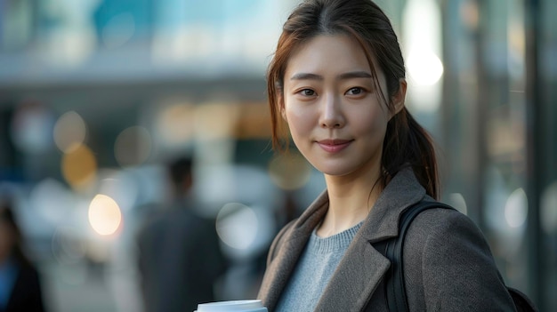 A Successful Asian Businesswoman Carries A Takeaway Coffee Cup And Files High Quality