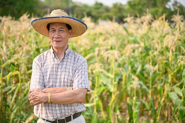 Successful Asianaged male farmer in straw hat stands in his cornfield with arms crossed