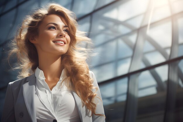 Photo successful beautiful business woman against the background of an office building education