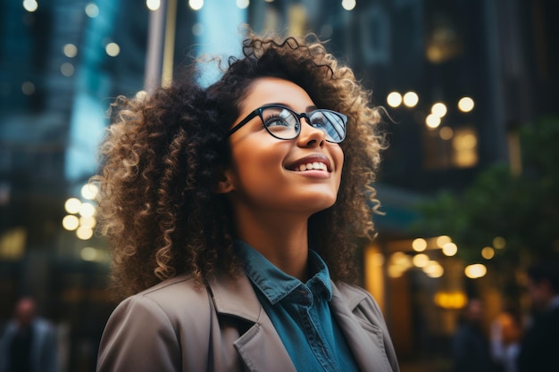 Successful black businesswoman dreaming of wealthy vision in city skyscrapers at sunset