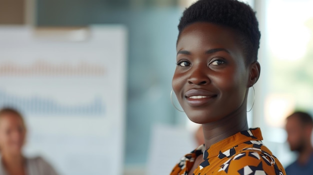 Successful black woman as executive director presenting conference meeting members in the office