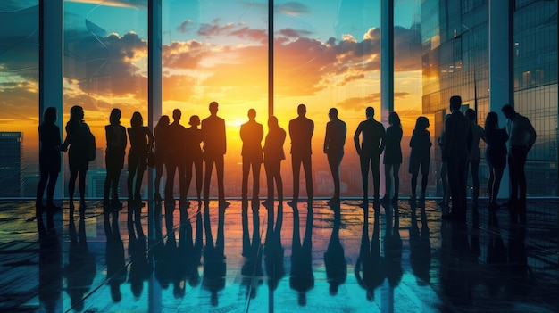 Successful business deal symbolized by a city office building backdrop depicting a diverse group of professionals engaged in a productive conference meeting