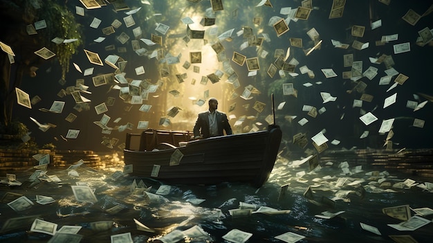 A successful business man sitting on the boat with currency notes all around the boat in the sea