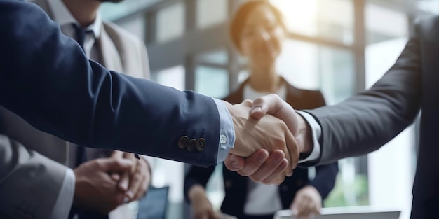 Successful Business Partners Diverse Businesspeople Shaking Hands in Corporate Setting Generative AI