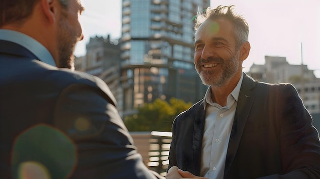 Successful Business Partners Shake Hands in Front of Cityscape