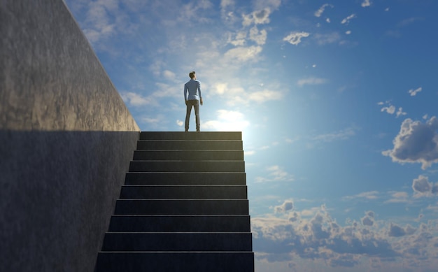 Successful businessman climbing up the stairs to the sky Ladder of success