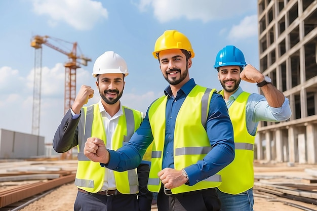 Successful businessman and engineer at outdoor site with clench fist