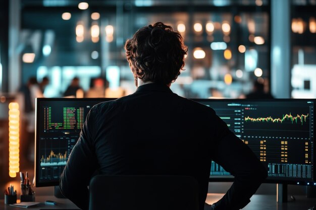 Photo successful businessman in hedge fund office with real time stocks on computer monitors