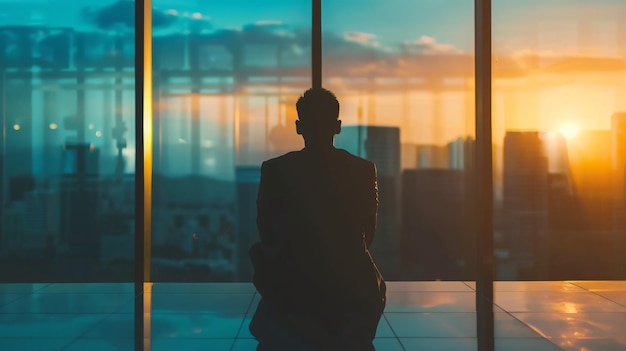 Successful Businessman in Isolation Looking Out Window with Determination