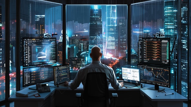 Successful Businessman Looking Out of the Window on Late Evening Modern Hedge Fund Office with Computer with MultiMonitor Workstation with RealTime Stocks Commodities and Exchange Market Charts