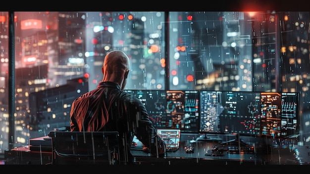 Successful Businessman Looking Out of the Window on Late Evening Modern Hedge Fund Office with Computer with MultiMonitor Workstation with RealTime Stocks Commodities and Exchange Market Charts