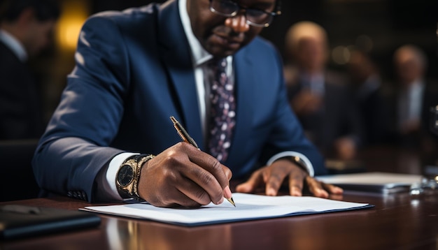 Successful businessman sitting at desk, holding pen, planning corporate strategy generated by artificial intelligence