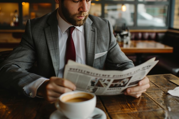 Successful businessman staying informed while enjoying his morning coffee by reading the latest news