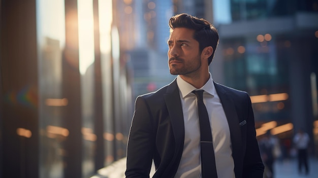 Successful businessman in a suit stands on a city street against the background of a business district with skyscrapers