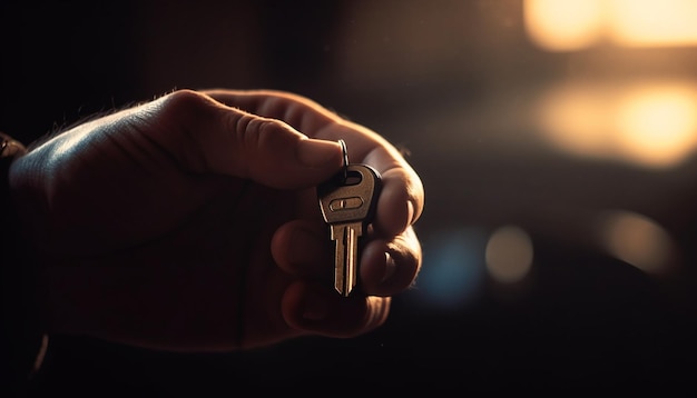 Successful businessman unlocks new home with metal key giving ownership generated by AI