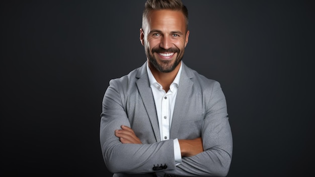 Successful businessman with crossed arms stands on a gray background