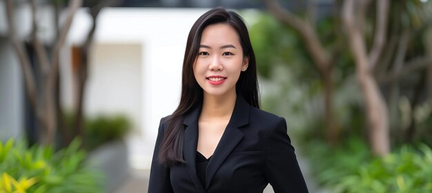 Successful businesswoman confidently walking in city with blurred background space for text