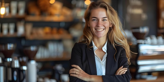 Successful businesswoman managing a coffee shop confidently with a smile and arms crossed Concept Portrait Entrepreneurship Coffee Shop Management Business Success Confidence