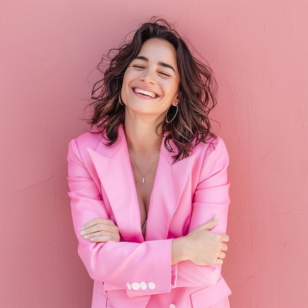 A successful businesswoman on a pink background