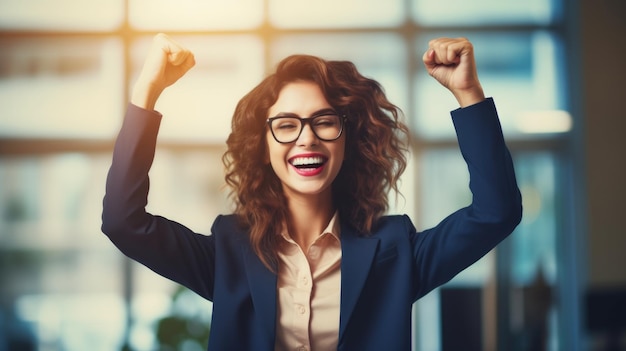 Successful businesswoman raises her hands up rejoices in increasing profits in business Businesswoman is receiving good news online raising her hands and showing her fists