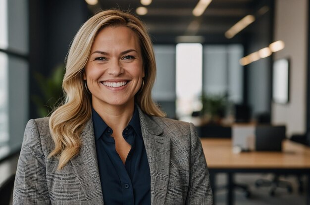 Successful businesswoman smiling in a professional suit at the office