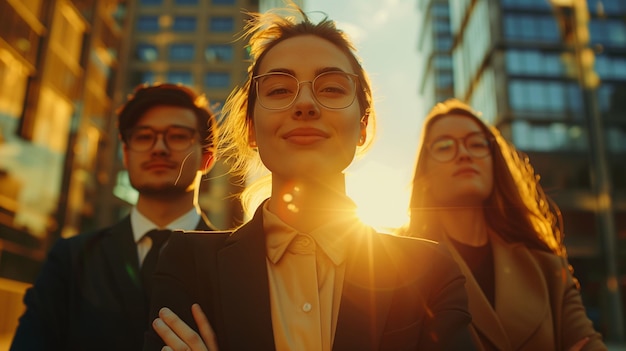 Photo successful businesswoman smiling with arms crossed corporate buildings selfconfidence leadership