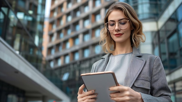 Photo successful businesswoman using tablet in front of modern building business theme portrait shot plain office technology professional