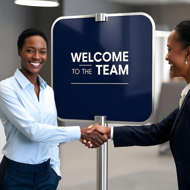 Successful Candidate Shaking Hands with Recruiter in Front of Welcome to the Team Sign