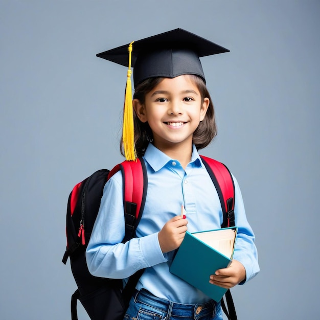 Successful child with graduation cap and backpack full of books