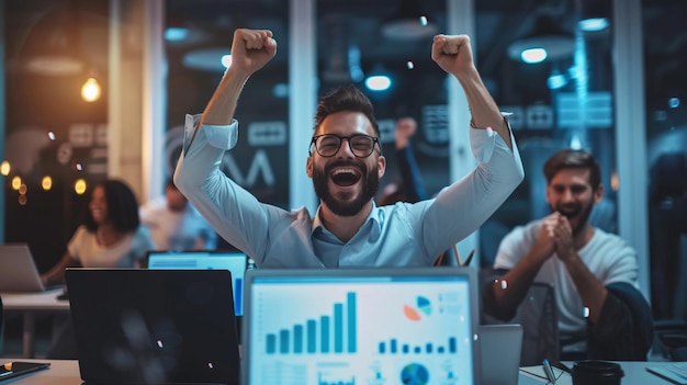 A successful entrepreneur celebrating with their team in an office filled with charts and graphs showing growth laptops open with data embodying the spirit of success and teamwork