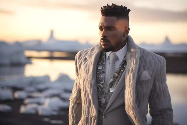 Photo successful fashionable african businessman among the ice of iceland against the backdrop of a sunset