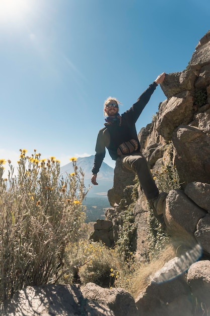 Successful hiker hiking a mountain in iztaccihuatl mexico