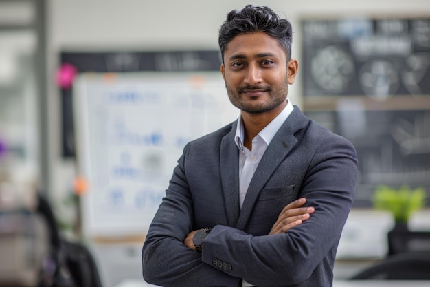 Successful Indian business mentor in office smiling at camera