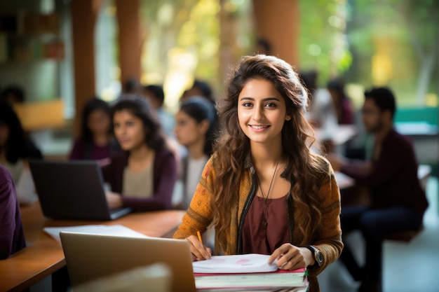 Successful Indian female student with group of college students at classroom of university