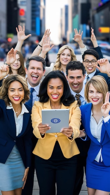 Successful interracial business team with tablet posing outside