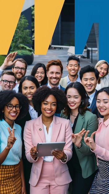 Successful interracial business team with tablet posing outside