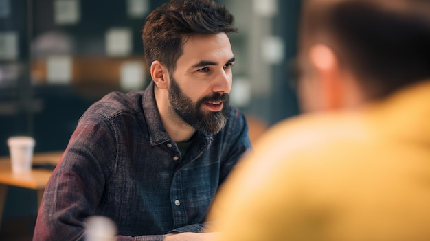 Photo successful job interview confident young man sitting at the table and talking to his colleague