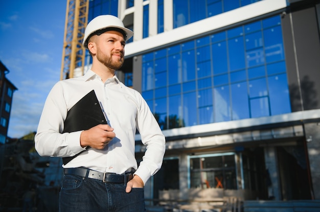 Successful male architect at a building site