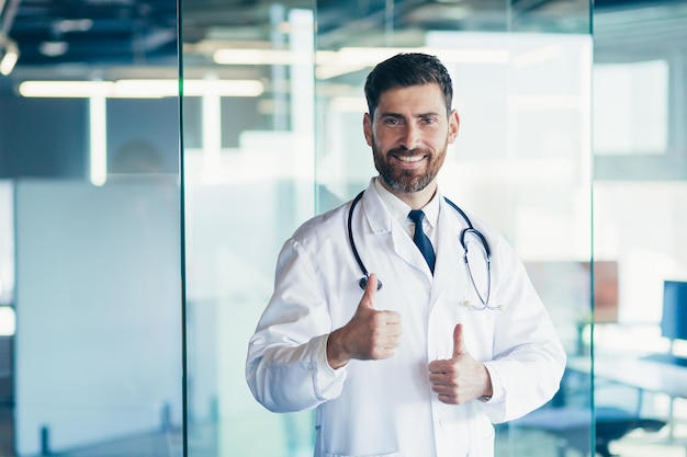 Successful male doctor smiles and looks at the camera in the clinic