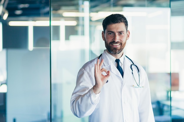 Successful male doctor smiles and looks at the camera in the clinic