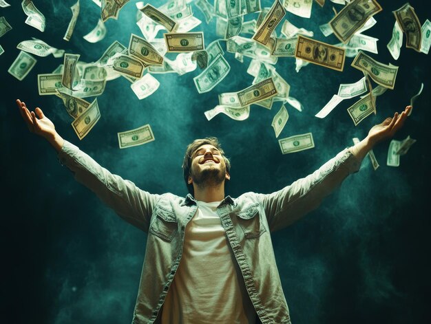 Photo successful man under money rain wealth and success concept for happy individual