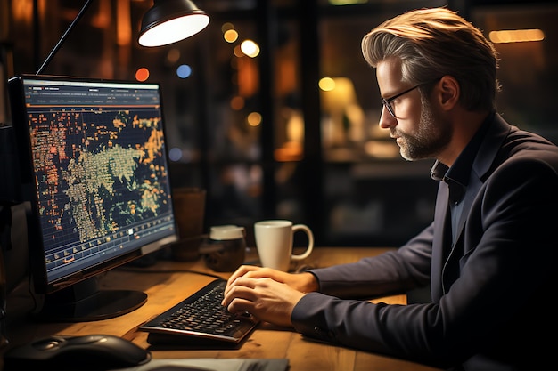 successful man in suit sitting with laptop financial analysttrader