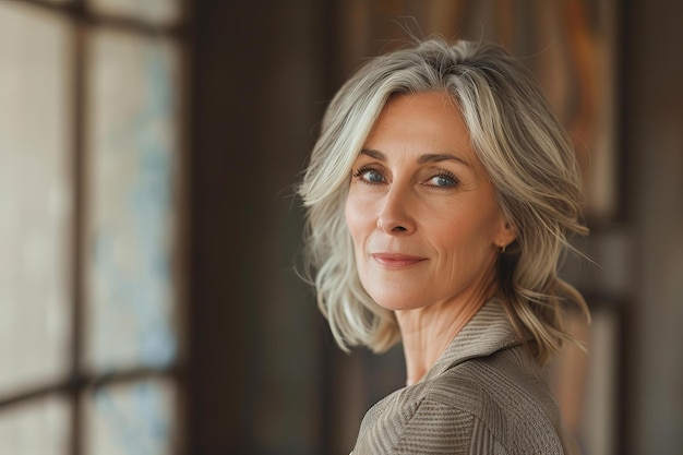 Photo successful mature businesswoman smiling confidently in office building